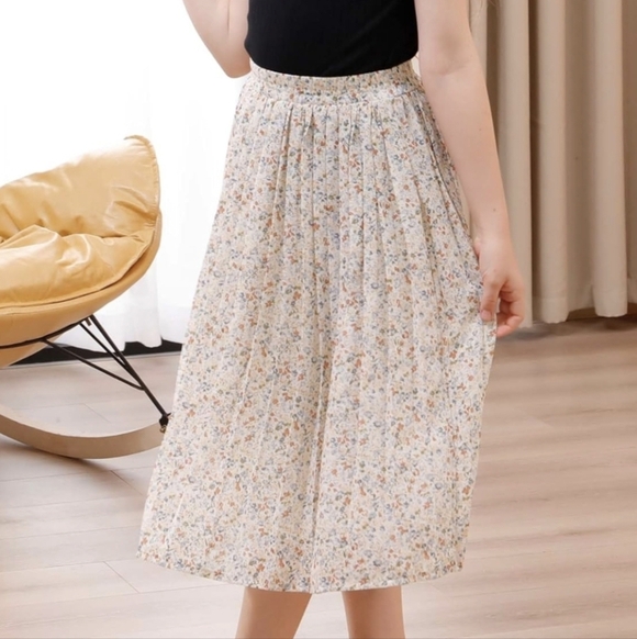 Manydress beige floral chiffon pleated elastic high waist a line midi skirt - Picture 5 of 14